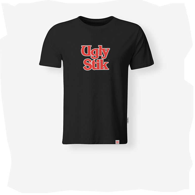 Black t-shirt with 'Ugly Stik' text in red on a white background
