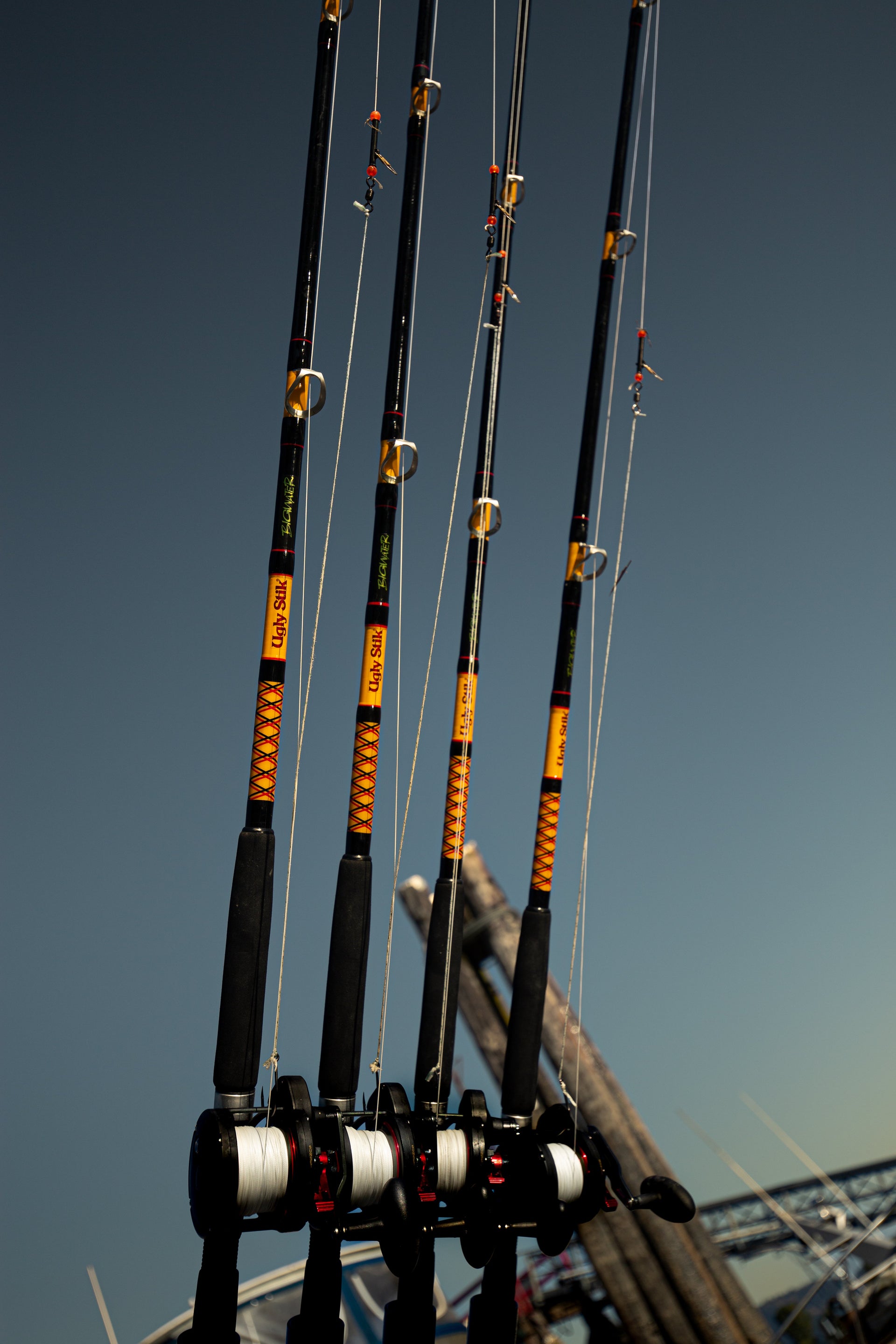 4 Bigwater rods lined up on a rack