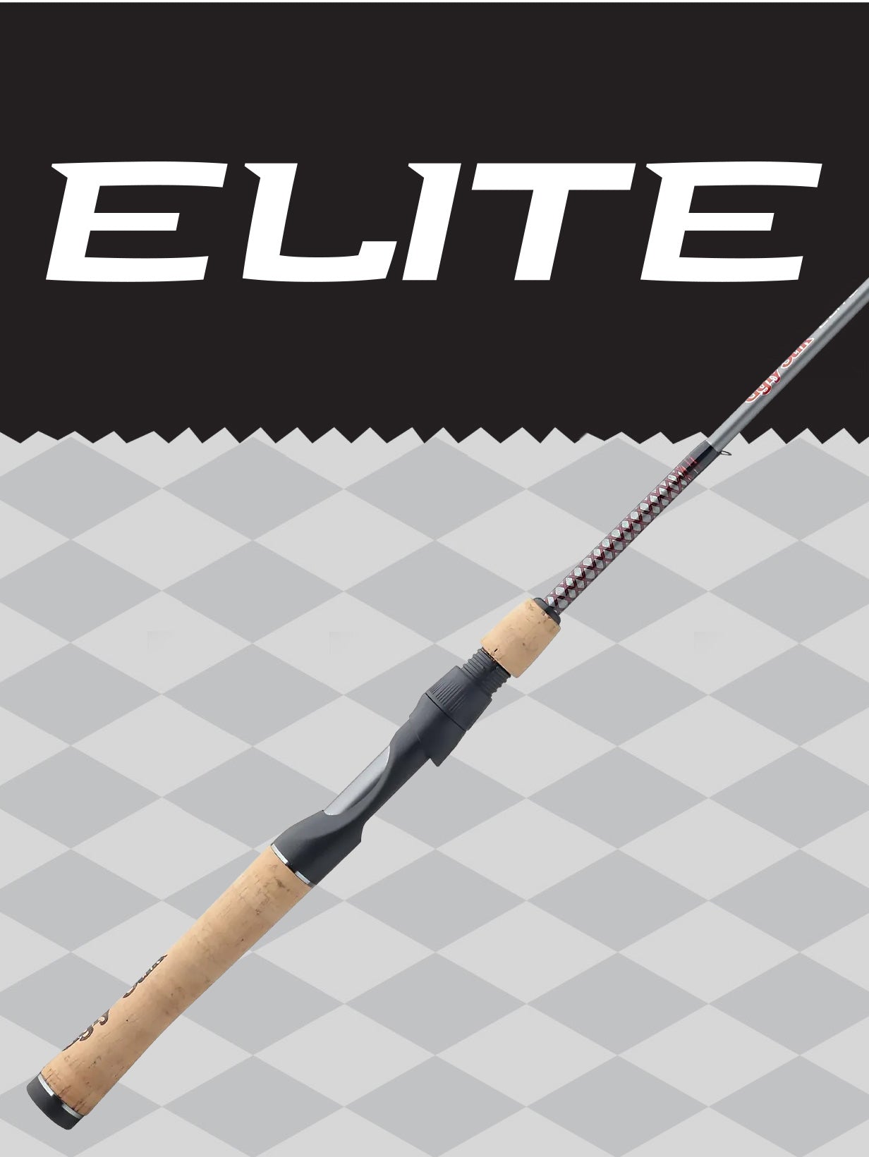 Fishing rod with 'ELITE' branding on a checkered background