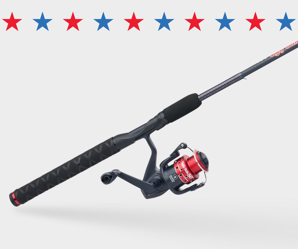 Ugly Stik 50th Anniversary Combo on a white background with blue and red starts bordering the top. 