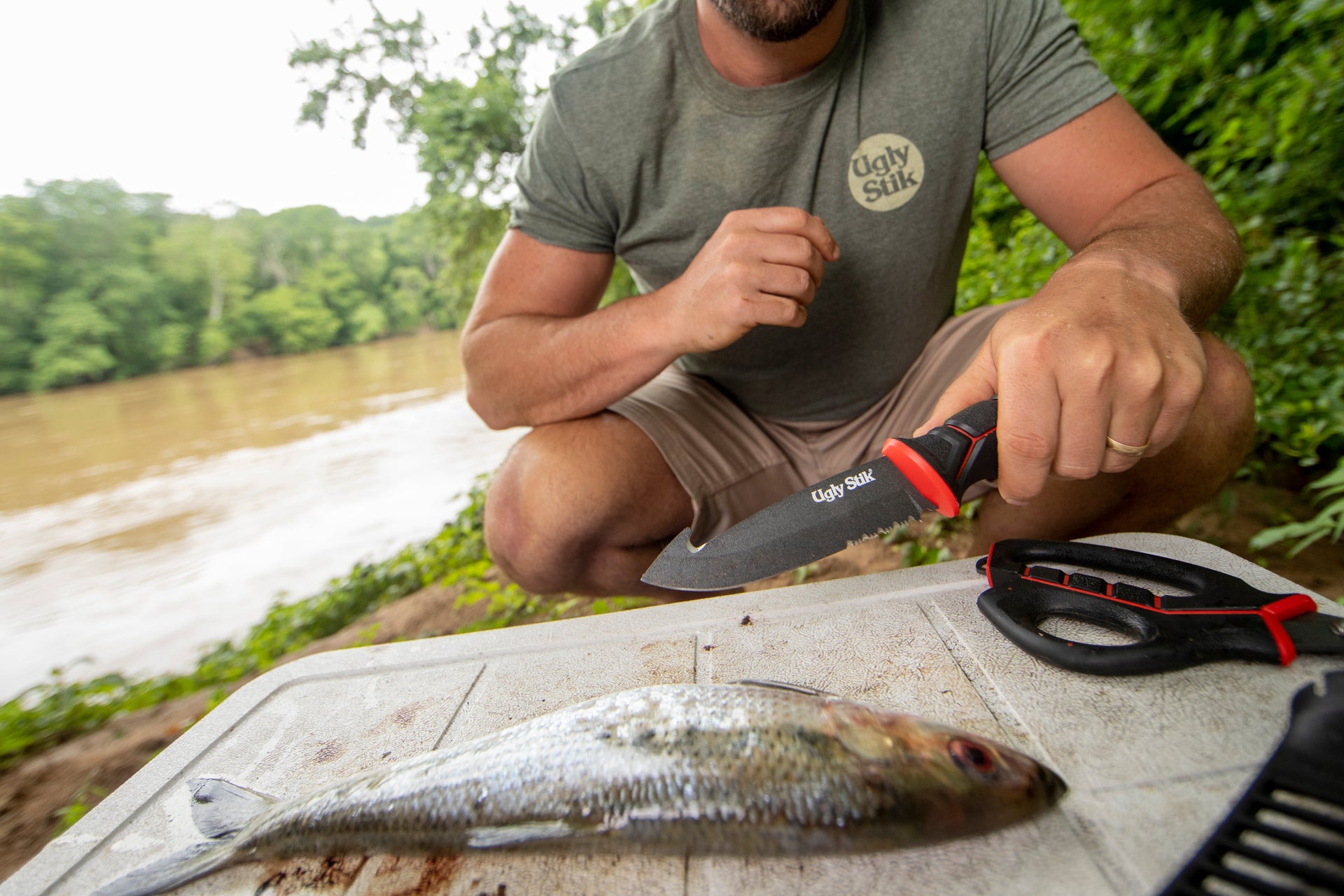 Man using a shear on a fish