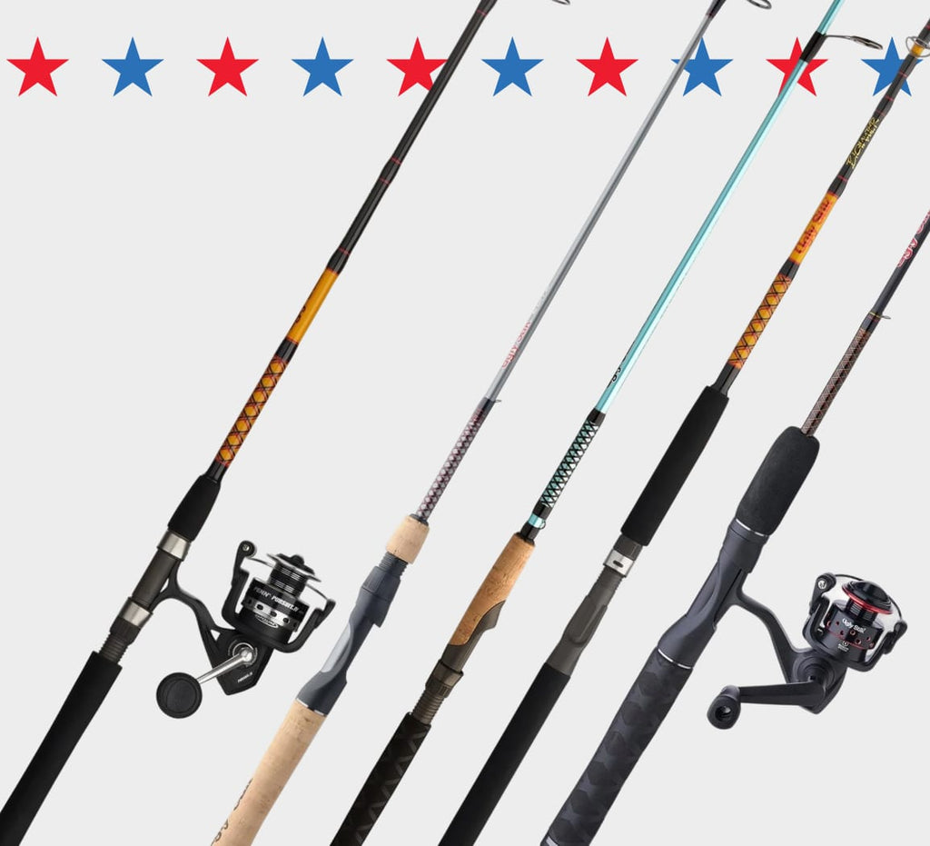 Ugly Stik Best Seller Rod & Combos product images on a white background with red and blue stars as a border. 