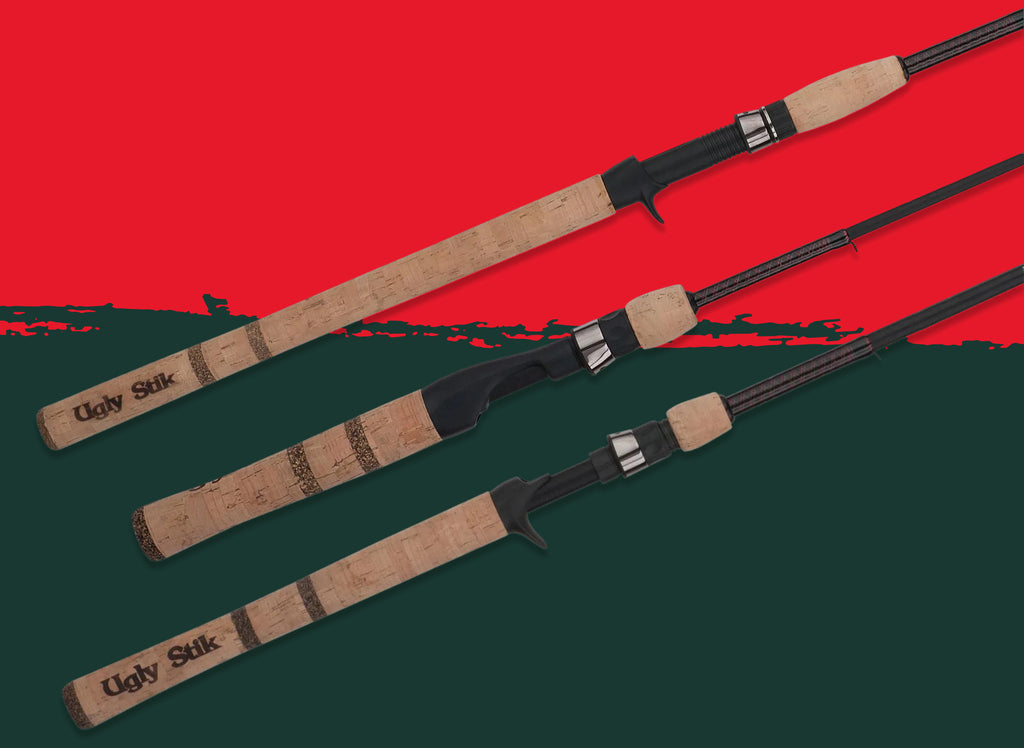 Three fishing rods with 'Ugly Stik' branding on a red and green background